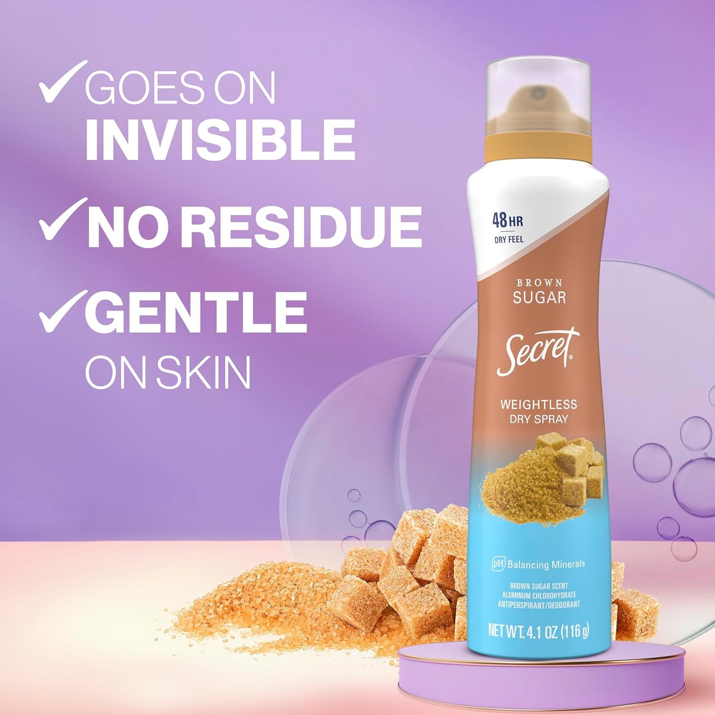 Secret Antiperspirant Deodorant for Women - 48hr Weightless Sweat & Odor Protection | Brown Sugar Scent, 4.1 oz (Pack of 3)