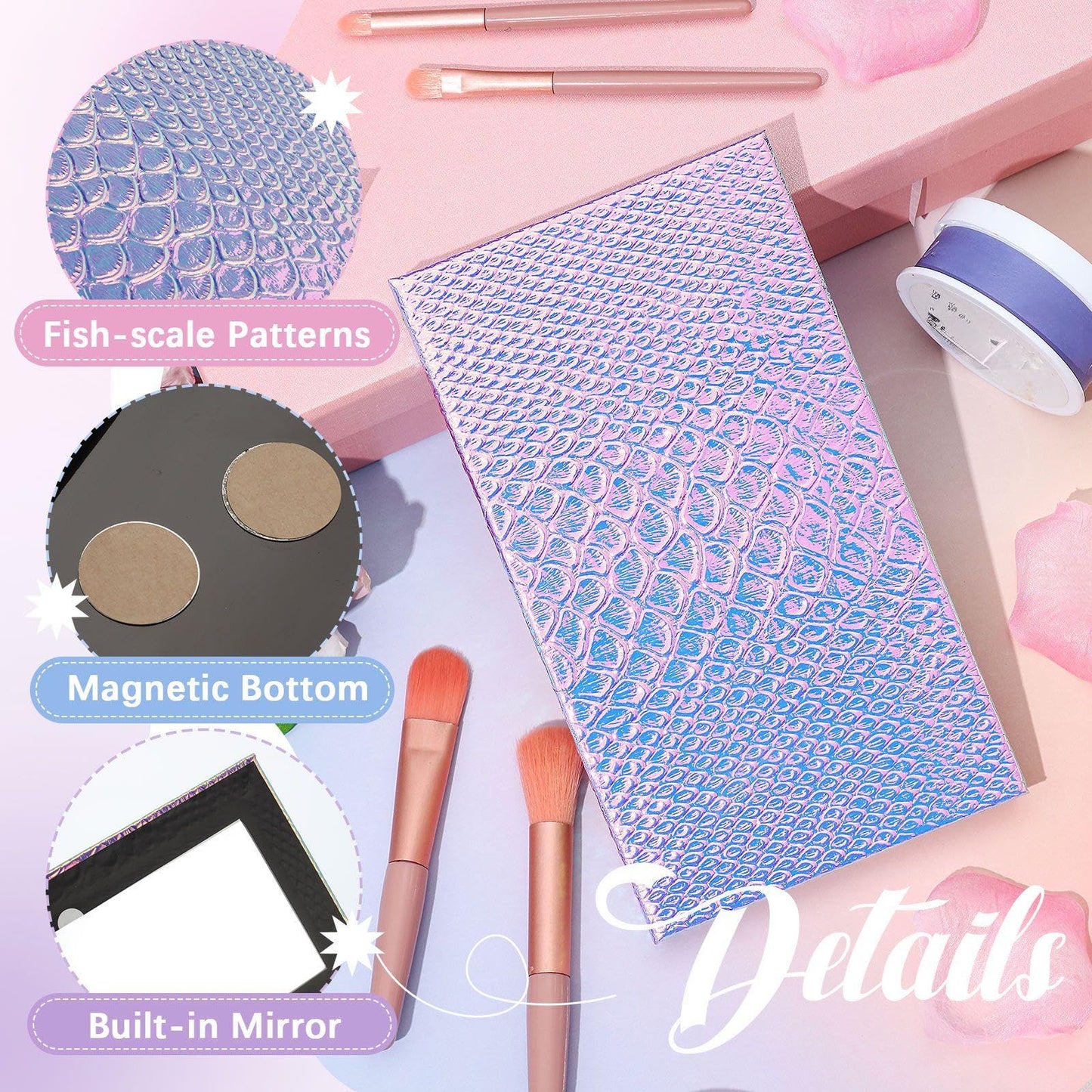 2 Pieces Magnetic Mermaid Empty Palette with Mirror and 36 Pcs Adhesive Metal Stickers Large Mermaid Makeup Empty Palette for Eyeshadow Lipstick Blush Powder