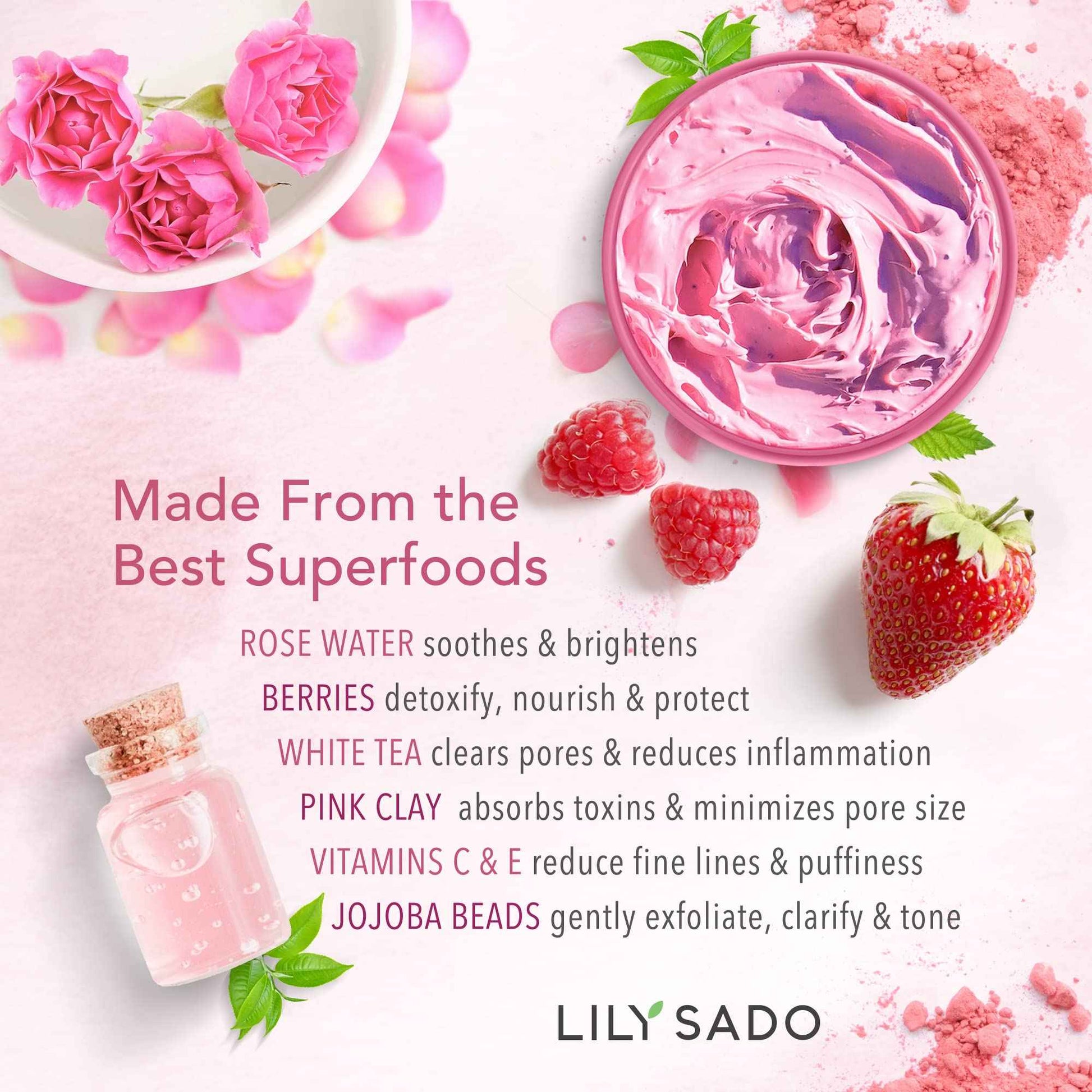 LILY SADO Rose Berry Pink Clay Mask w Rose Water & Fresh Berries - White Tea & Jojoba Beads Gently Exfoliate, Balance & Purify to Prevent Acne & Blackheads - 4 oz