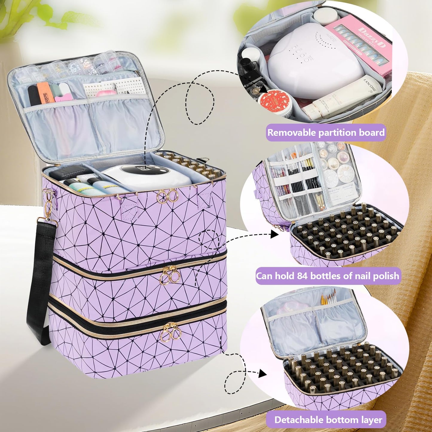 WflamaS 3-Layer Nail Polish Organizer Bag, Holds 84 Bottles and Lamp, Waterproof PU Leather Case with Reinforced Golden Zippers, Portable Nail Tech Travel Bag for Manicure Supplies