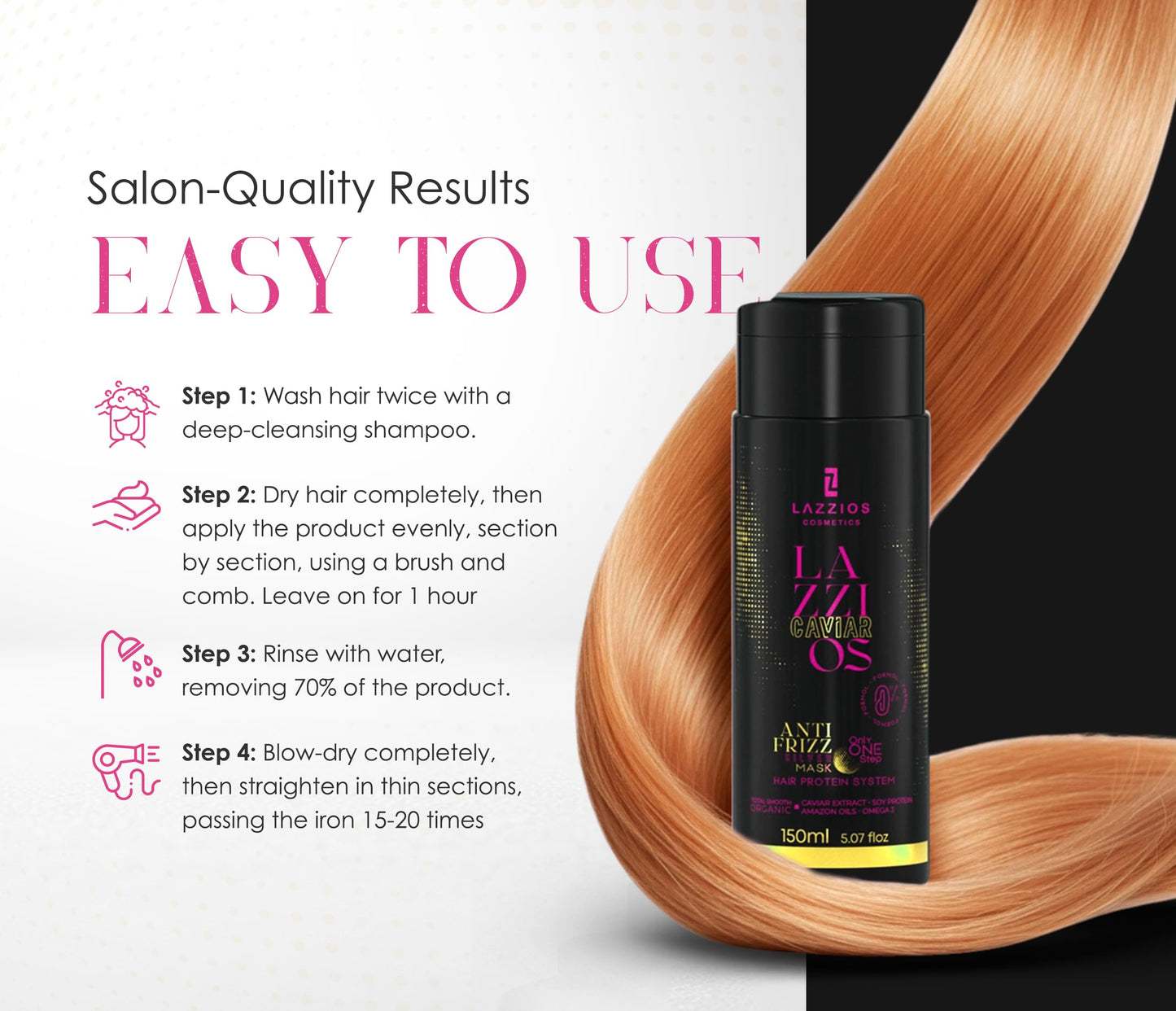 Lazzios Caviar Organic Hair Protein – Brazilian Professional Straightening & Smoothing Treatment – Formaldehyde-Free Formula with No Toxic Acids, Hyaluronic Acid, Keratin, Caviar & Argan Oil – 120 ml