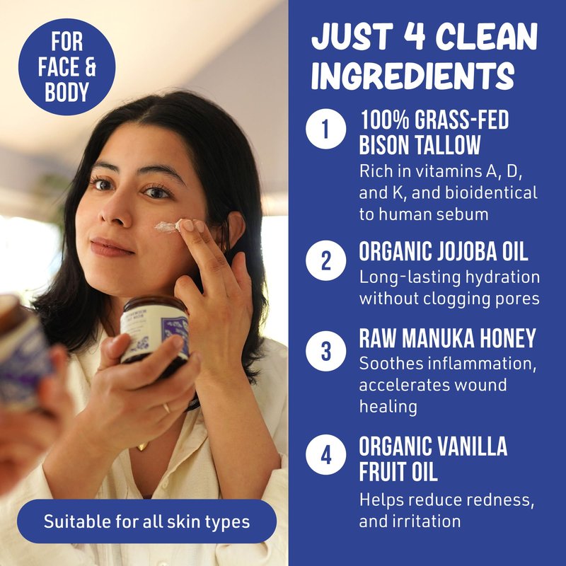 Grazly Whipped Bison Tallow Balm w/Manuka Honey, Jojoba, Organic Vanilla - Grass-Fed & Finished Organic Tallow Face Moisturizer - Face & Body Cream for Acne-Prone Skin - Nourishing Skincare (2.5 oz)