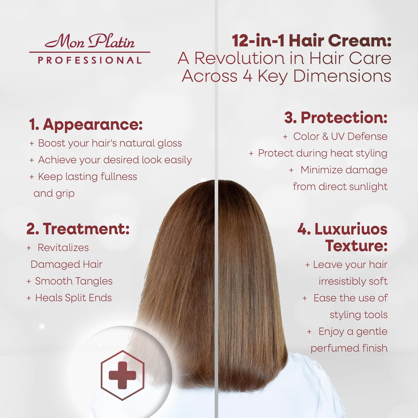 Mon Platin Professional Multi-Action Hair Cream with Black Caviar - 250 ml 12-in-1 Premium Leave In Conditioner Spray for Dry Damaged Hair - Repairing, Moisturizing, Smoothing, and Protecting