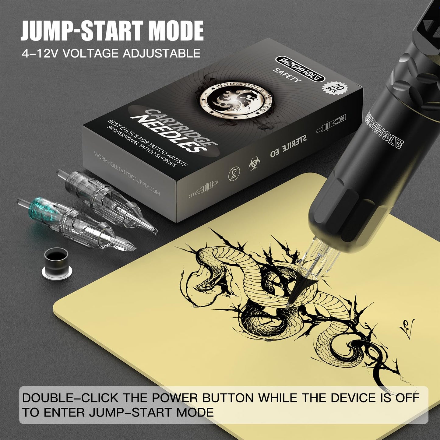 Wormhole Tattoo Kit Wireless Tattoo Gun Kit 20 Pcs Cartridge Needles Professional Tattoo Machine Kit Tattoo Practice Pen for Beginners Rotary Tattoo Machines WTK375