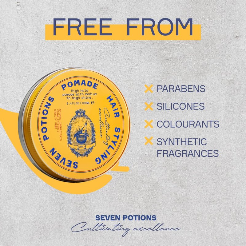 SEVEN POTIONS Men’s Hair Pomade — High Shine, High Hold, Water-Based — Barber-Grade Styling for Slick Back, Pompadour & Side Part — Natural, Vegan, Cruelty-Free — 3.4 fl oz / 100ml