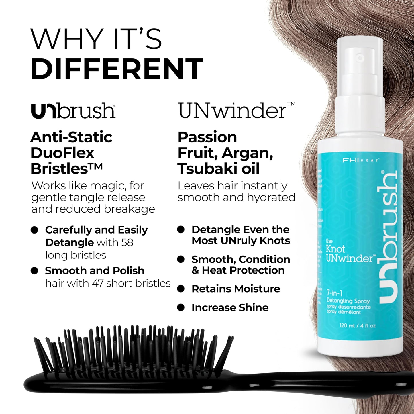 FHI Heat UNbrush Detangling Brush and UNwinder Detangling Spray Combo Pack - Tangle-Free Hair, Pain-Free Brushing, Anti-Static Bristles, Lightweight Hair Brush, Midnight