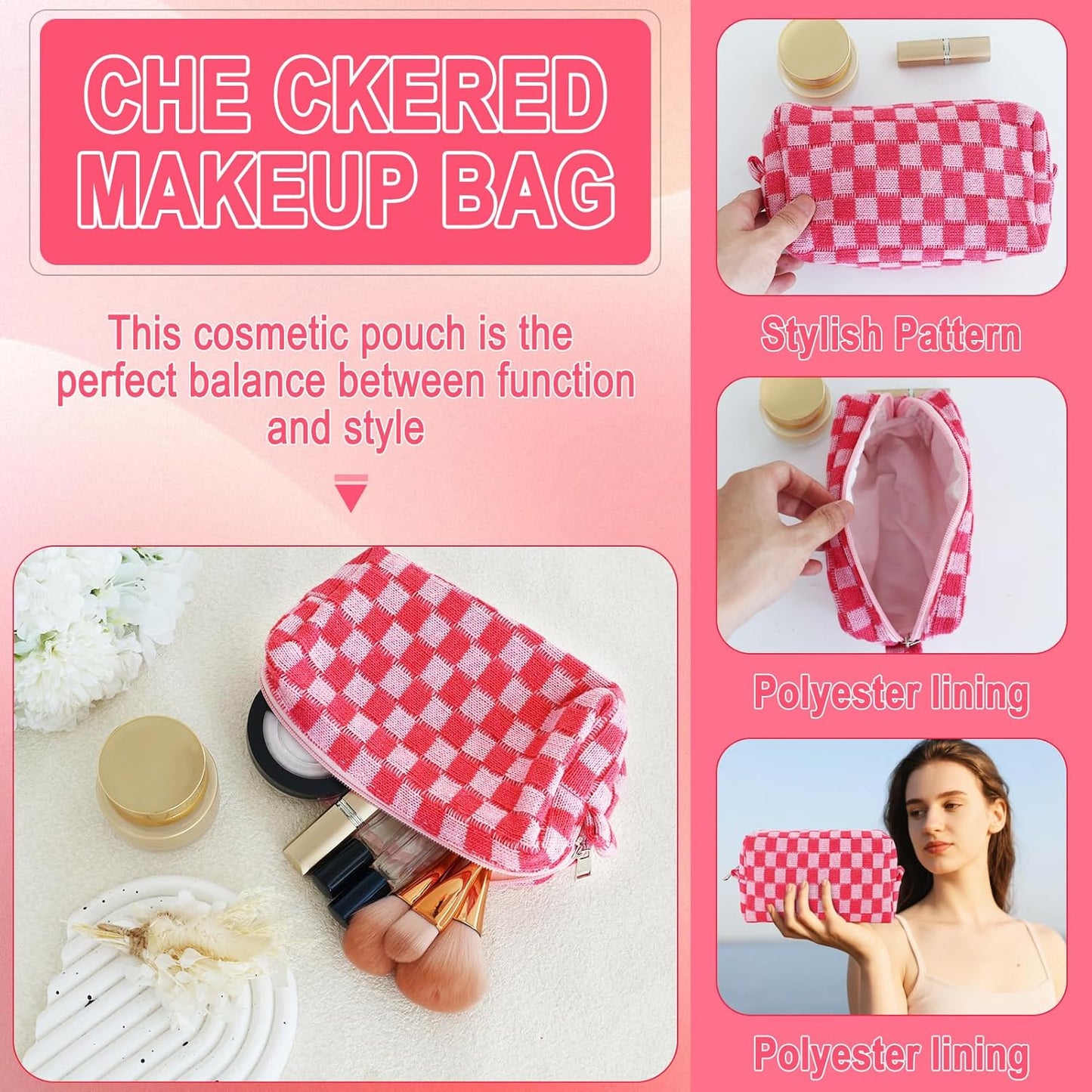 Checkered Pencil Case Set - Cute 6-Piece Pouch for Teens | Pink Medium Makeup & Travel Organizer