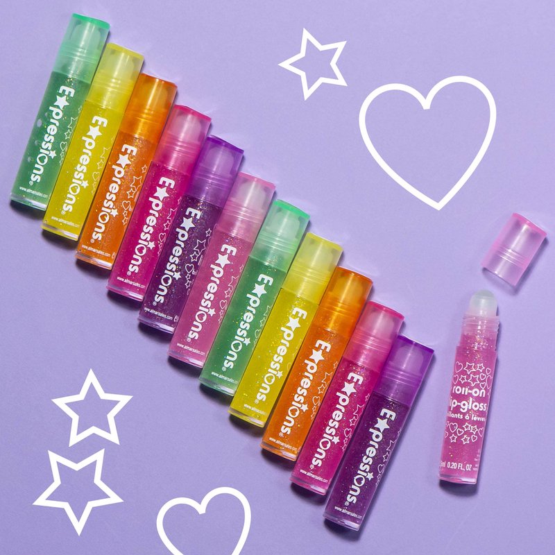 EXPRESSIONS 12pc Roll-On Lip Gloss Set with Marabou Handle & Carrying Case – Assorted Fruity Flavors | Non-Toxic Kid-Friendly Glossy Lip Makeup | Fun Gift Set for Kids & Teens – So Glam