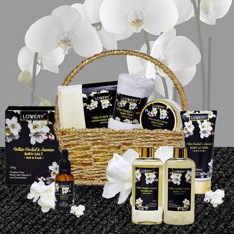 Mother's Day Gift Basket - Orchid & Jasmine Spa Set with Body Scrubs, Lotions & Oils | 9-Piece Care Package for Mom