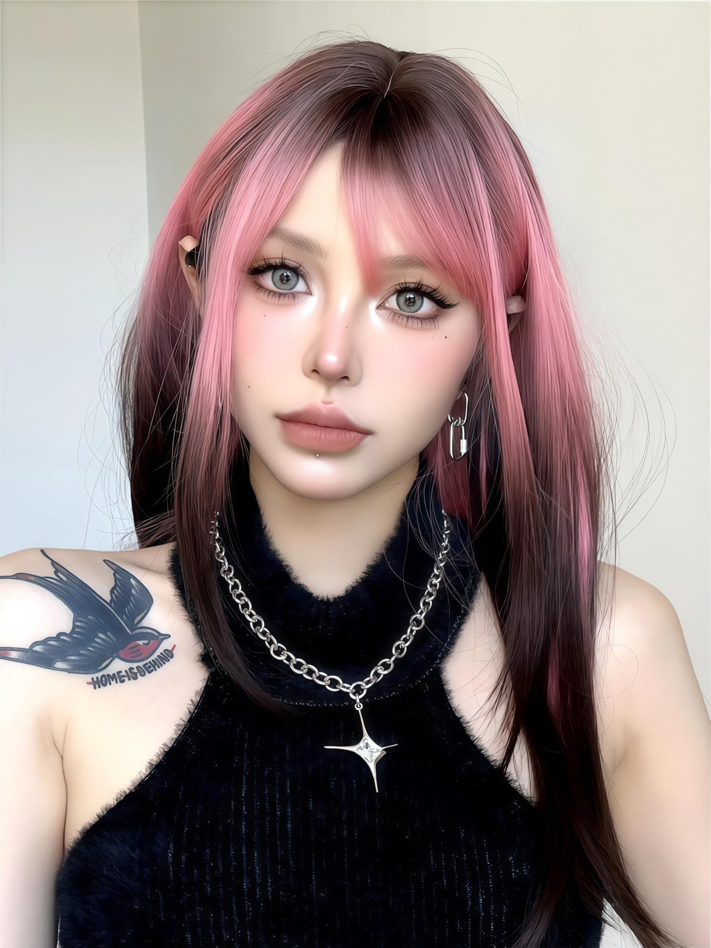 Aadesso Half-Pink Half-Black Long Straight Wig 65cm Blunt Bangs Daily Synthetic Hair for Women East Asian Fashion K-pop Style Two-Tone Heat Resistant wig cap (25.6 Inch)