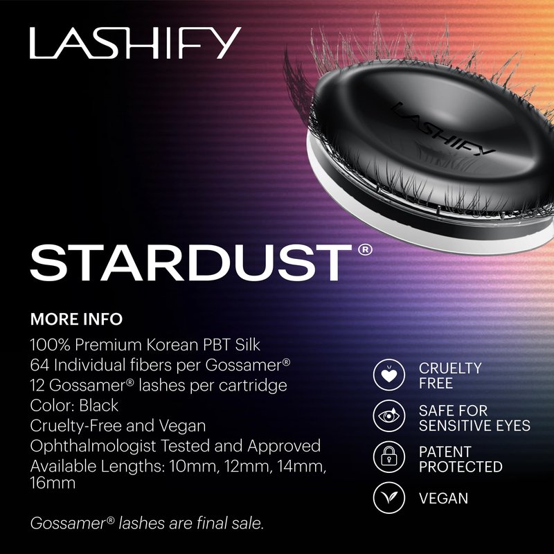 Lashify Stardust 12mm Gossamer DIY Eyelash Extensions Refill, The Multi-Length Multi Layered Lash, Thin Fibers of the Classic "C" Style, Black, Easy False Lashes