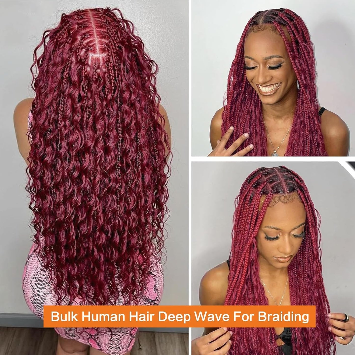 Xddnamei Curly Burgundy Human Braiding Hair 2 Bundles Total 100g 22 Inch 99J Burgundy Braiding Human Hair Brazilian Virgin Hair Bundles for Boho Braids