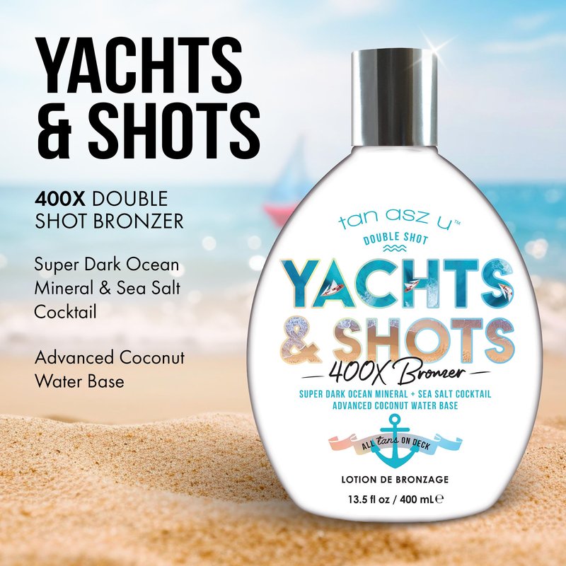 Tan Asz U Yachts & Shots Tanning Lotion, 400X Double Shot Bronzer, Super Dark Ocean Mineral & Sea Salt Cocktail Tanning Lotion with Advanced Coconut Water Base, 13.5 Fl Oz