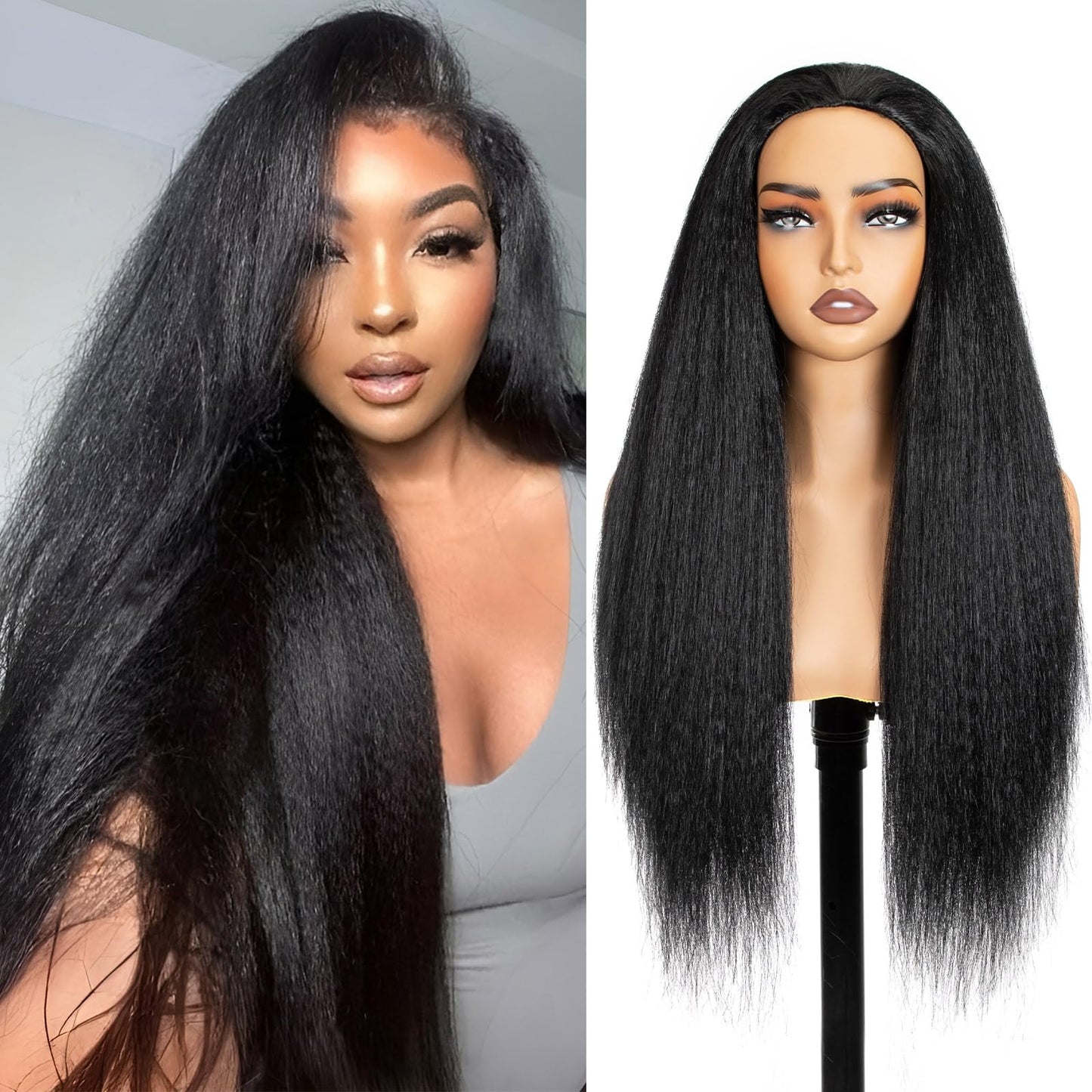 COOKOO Yaki Straight Half Wig Synthetic Hair 3 In 1 Beginner Friendly No Lace Flip Over Half Wigs Drawstring Ponytail Wig Natural Black Glueless Kinky Straight Half Wigs for Women 26 Inch