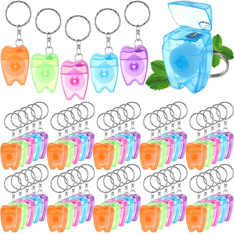 Landical 100 Pcs Mini Dental Floss Keychain Bulk Tooth Shaped Portable Floss Cleaning for Travel Homeless Donated Gifts Teeth Cleaning Oral Care 15 M /16.4 Yard (Multicolor)