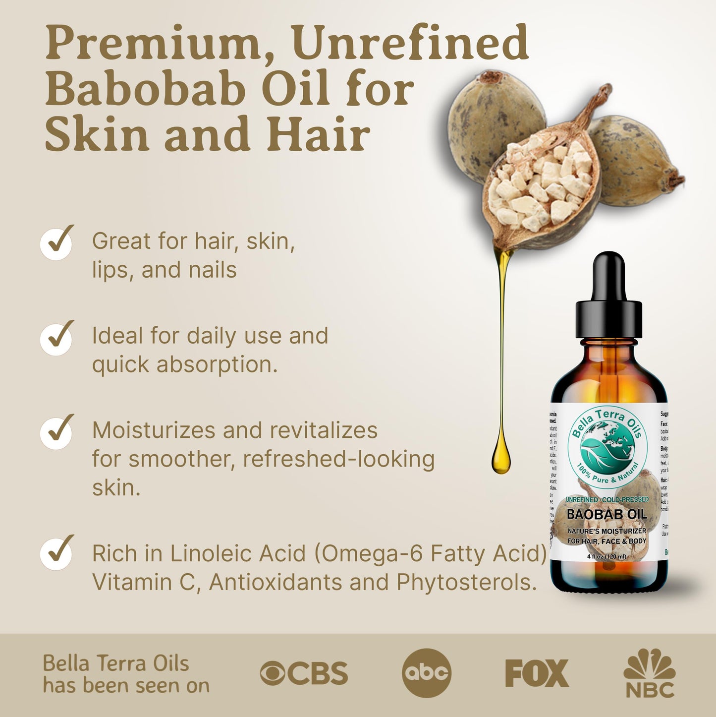 Bella Terra Oils - Baobab Oil 4 oz - Dive into The Essence of African Treasure, Abundant in Antioxidants, Best for Achieving a Silky Skin Glow