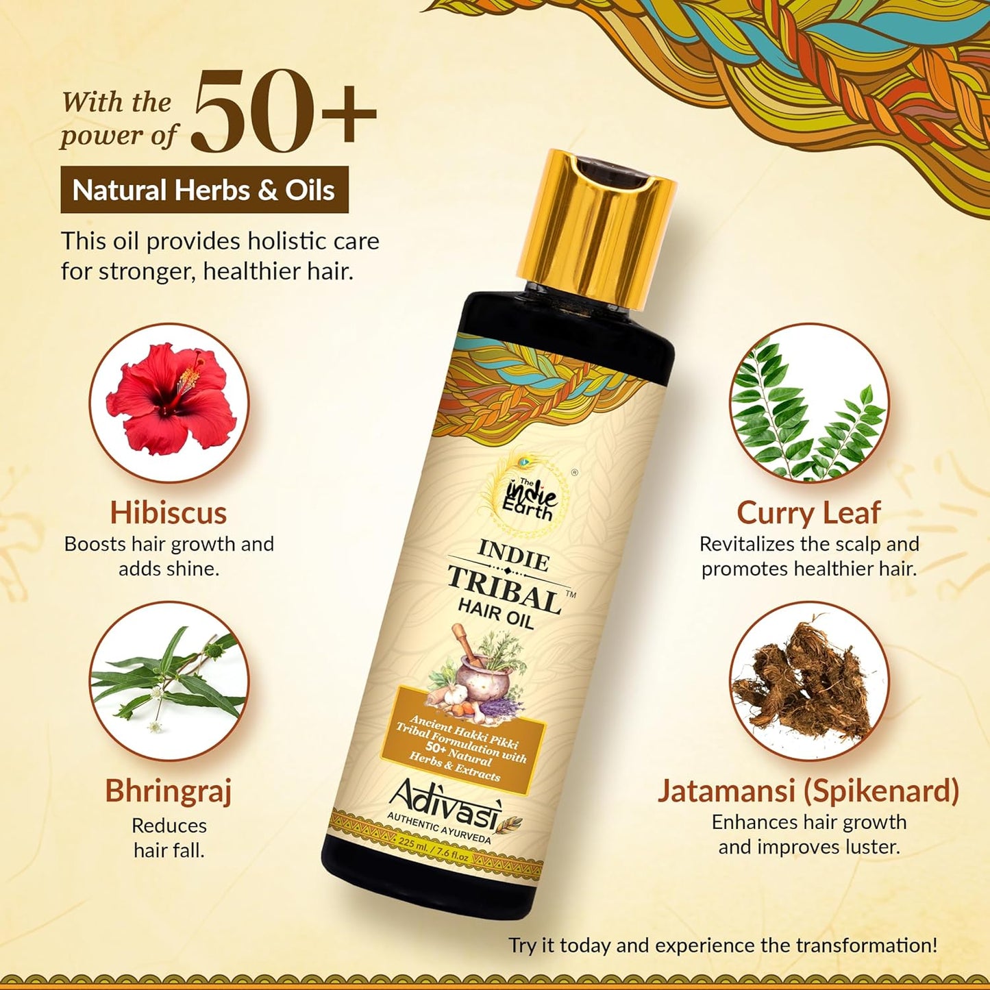 Indie Earth Tribal Adivasi Hair Oil - 50+ Natural Ingredients for Healthy Hair | Moringa, Bhringraj, Hibiscus & More