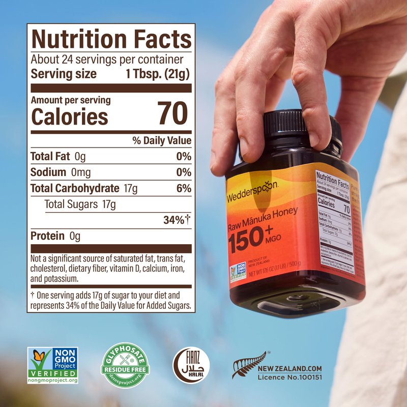 Wedderspoon Raw Manuka Honey 150+ MGO, 17.6 Oz, Unpasteurized New Zealand Honey, Non-GMO, BPA-Free Jar, Superfood & Natural Wellness Support