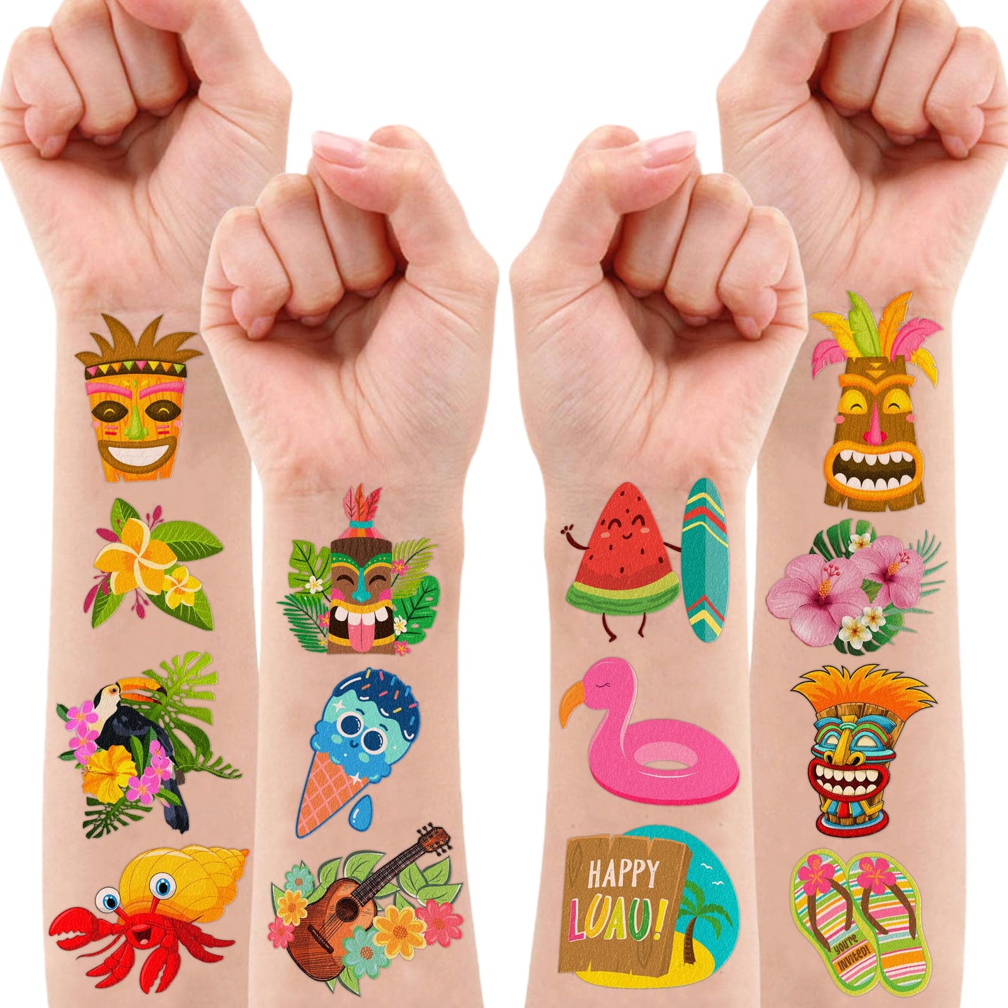 Luau Temporary Tattoos for Kids - 96 PCS, 8 Sheets