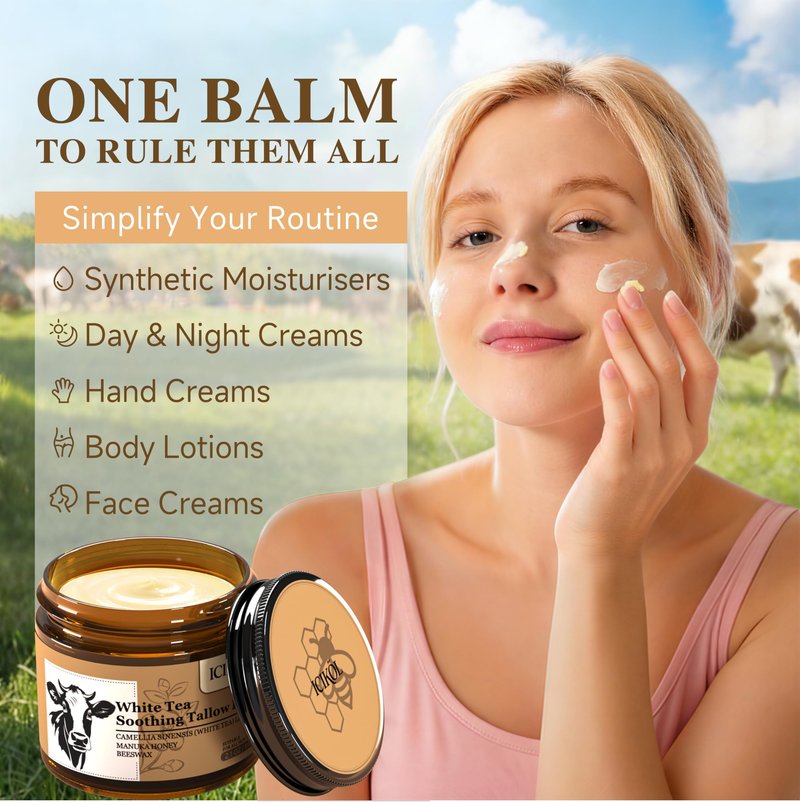 ICIKOL White Tea Grass-Fed Beef Tallow Balm for Men - Whipped Tallow Face Moisturizer & Beard Balm with Manuka Honey - Natural After Shave Care for Dry & Sensitive Skin, 2.1 oz