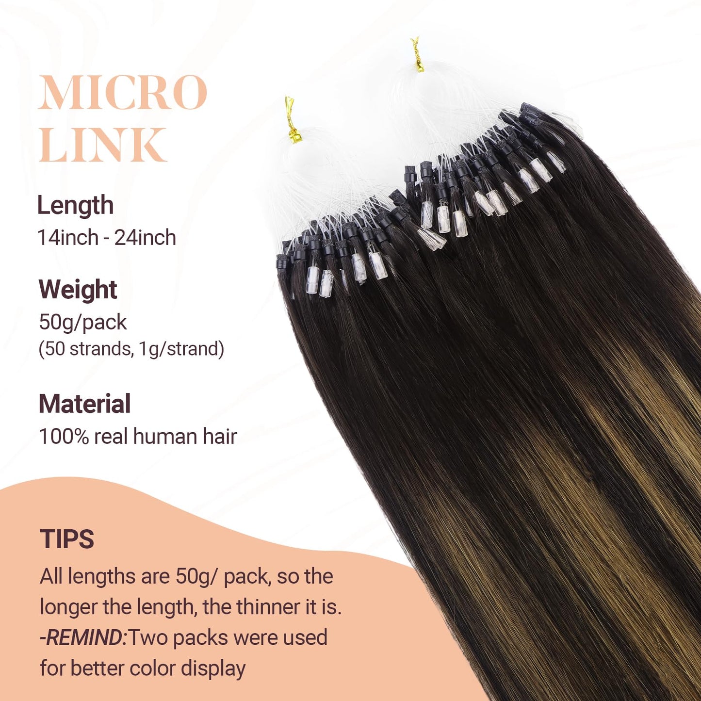 MAXITA Microlink Hair Extensions Human Hair Balayage Dark Brown Mixed Chestnut Brown Micro Bead Hair Extensions Real Human Hair, 50g/50 Strands/Pack, 16 In