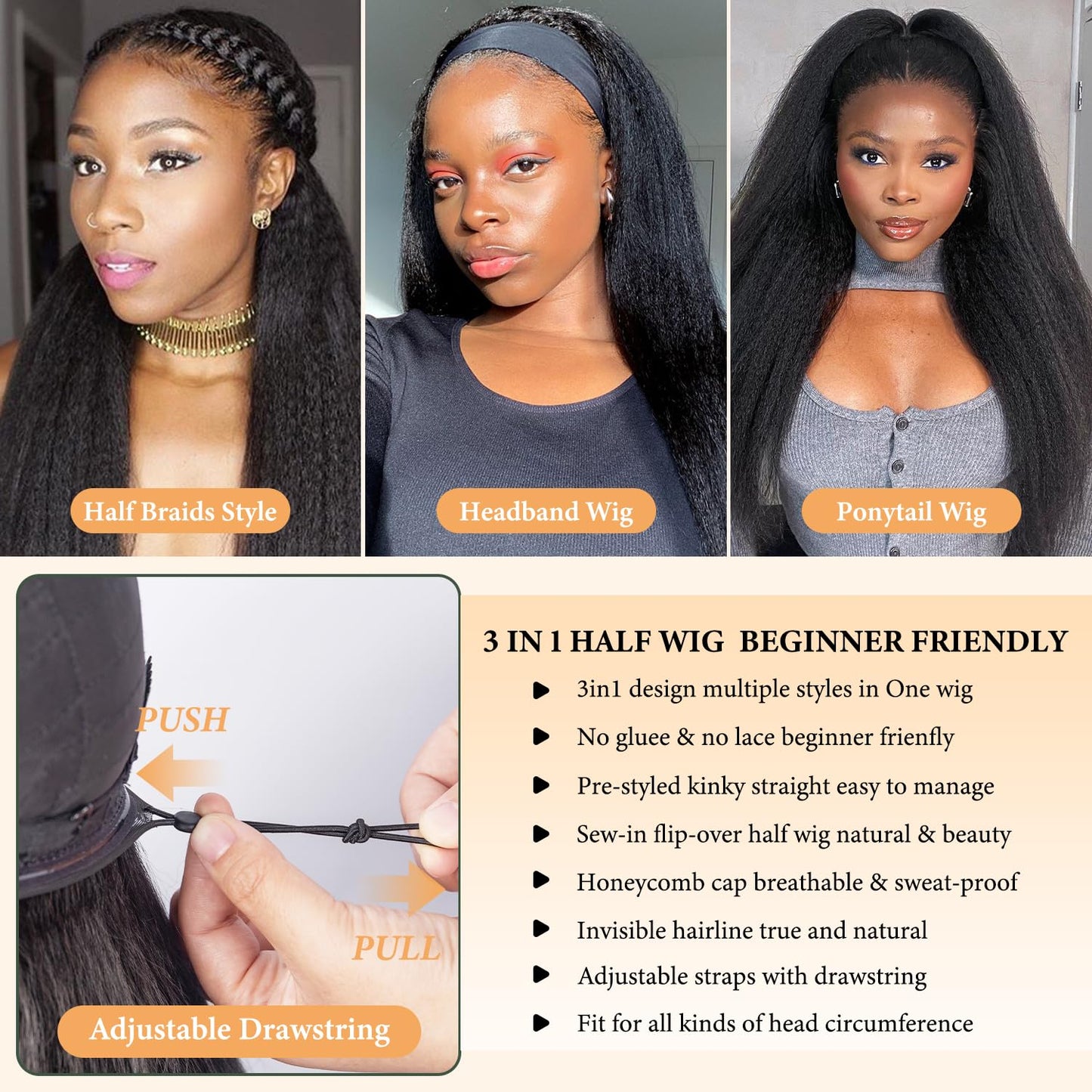 3 in 1 Half Wig Kinky Straight/Kinky curly synthetic for Women 200% Density Glueless Wear No Lace Flip Over Half Wig Seamless Clip In Wigs (24 inch KC)