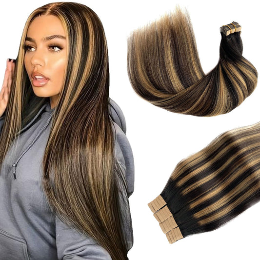 Tape in Hair Extensions Human Hair Yaki Straight Natural Black Hair Extensions Balayage Caramel Blonde Highlights Real Remyh Human Hair 14 Inch 50g/pack 20pcs Tape Hair Extensions for Black Women