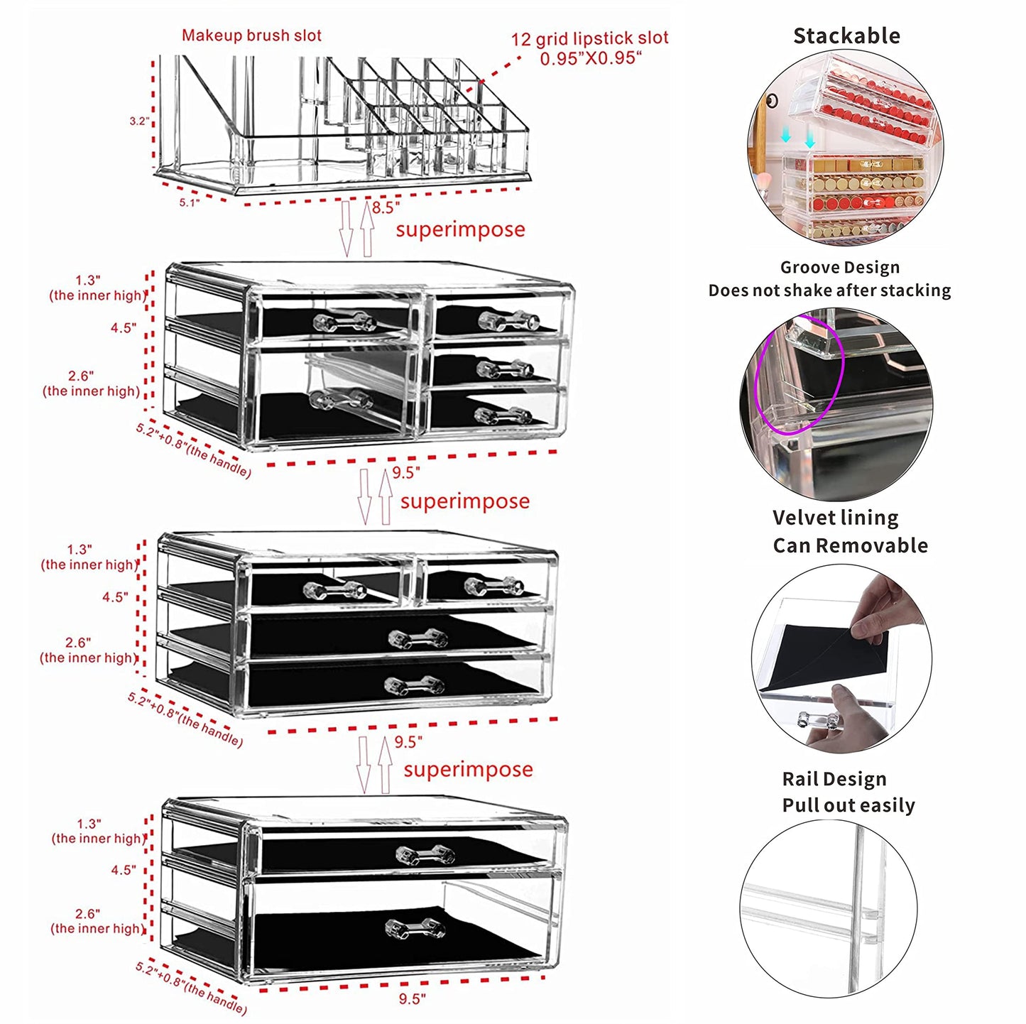 Cq acrylic 3 Pack Clear Make up Organizer Countertop,Stackable 7 Drawers Makeup Storage,Cute Vanity Organizers for dresser Hair Clip,Jewelry,Beauty Product Desk and Bathroom Organizers and Storage