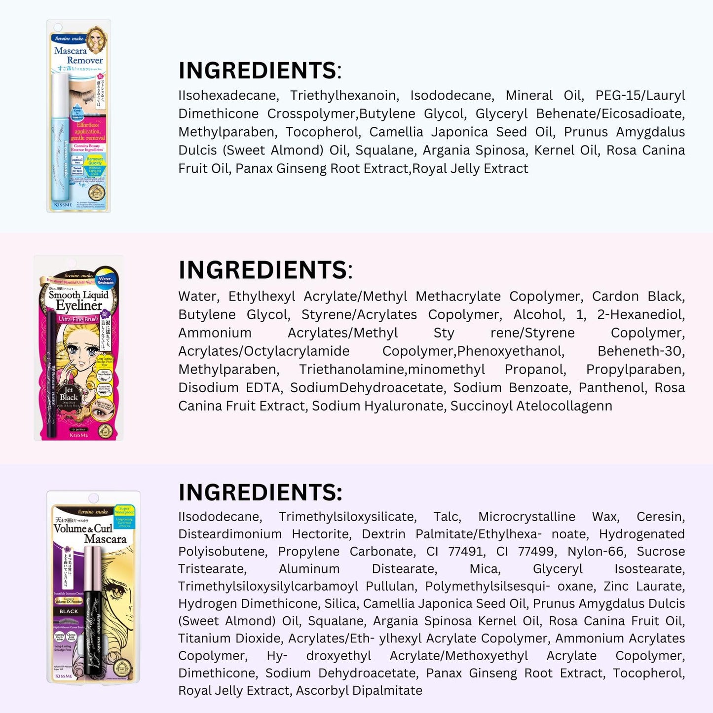 Heroine Make by KissMe Volume & Curl Mascara + Smooth Liquid Eyeliner + Eye Makeup Remover | Waterproof Mascara & Eyeliner Set | Volumizing Black Mascara & Smudge‑Proof Eyeliner | Japanese Makeup