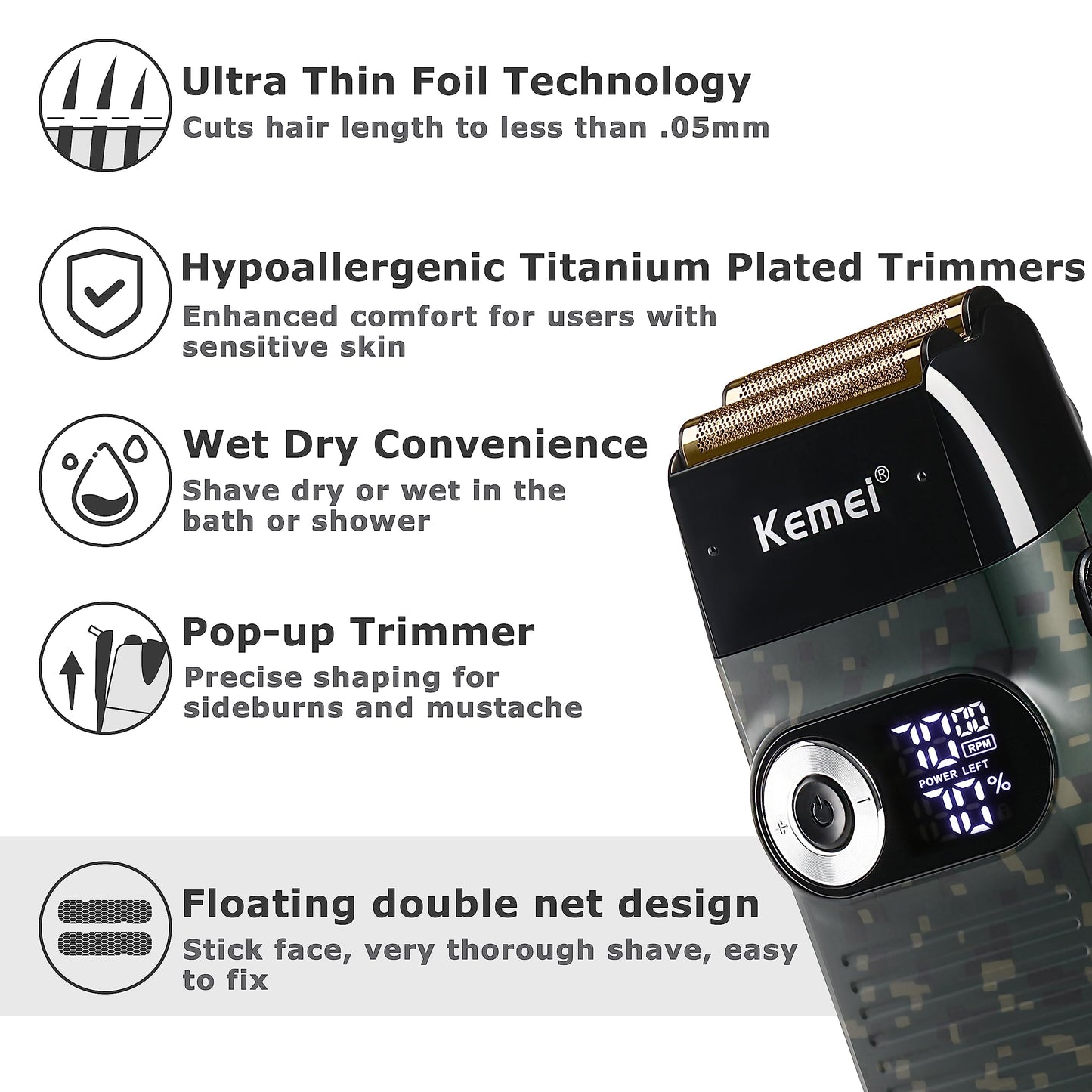 Kemei Foil Professional Electric Shaver for Men Razor with Bald Trimmer Cordless Shavers Rechargeble LED Display 2 in 1