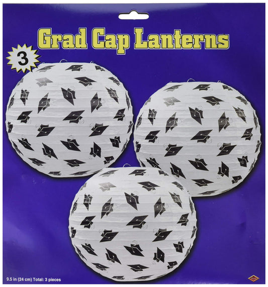 Beistle Grad Cap Paper Lanterns 3-Count Black and White Graduation Party Hanging Decorations, High School College University Commencement Celebration Supplies, 9.5”