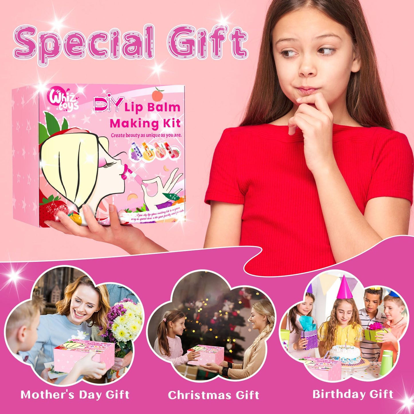 WhizToys DIY Lip Balm Making Kit Teen Girl Gifts Trendy Stuff Make Your Own Lip Gloss Set with Natural Beeswax, Shea Butter,Sweet Almond Oil,24 PCS Lip Blam Containers