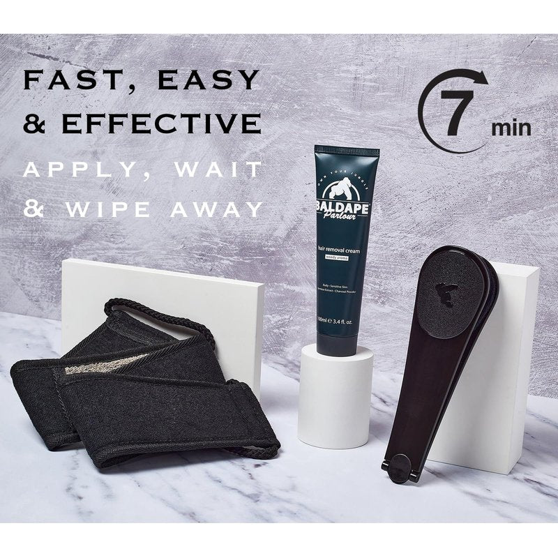 Bald Ape Parlour BALDAPE PARLOUR Body & Back Hair Removal Kit with Men's Depilatory Cream, Extendable Applicator & Loofah for Smooth, Hair-Free Results