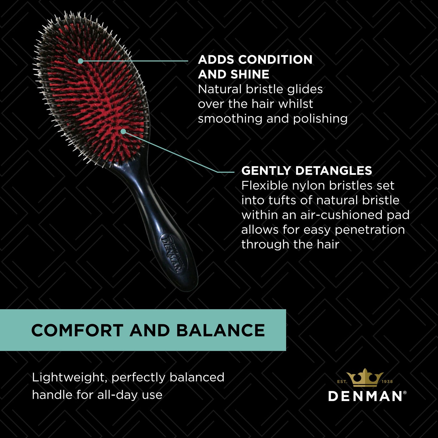 Denman Cushion Hair Brush (Large) with Soft Nylon Quill Boar Bristles - Porcupine Style for Grooming, Detangling, Straightening, Blowdrying and Refreshing Hair – Black, D81L