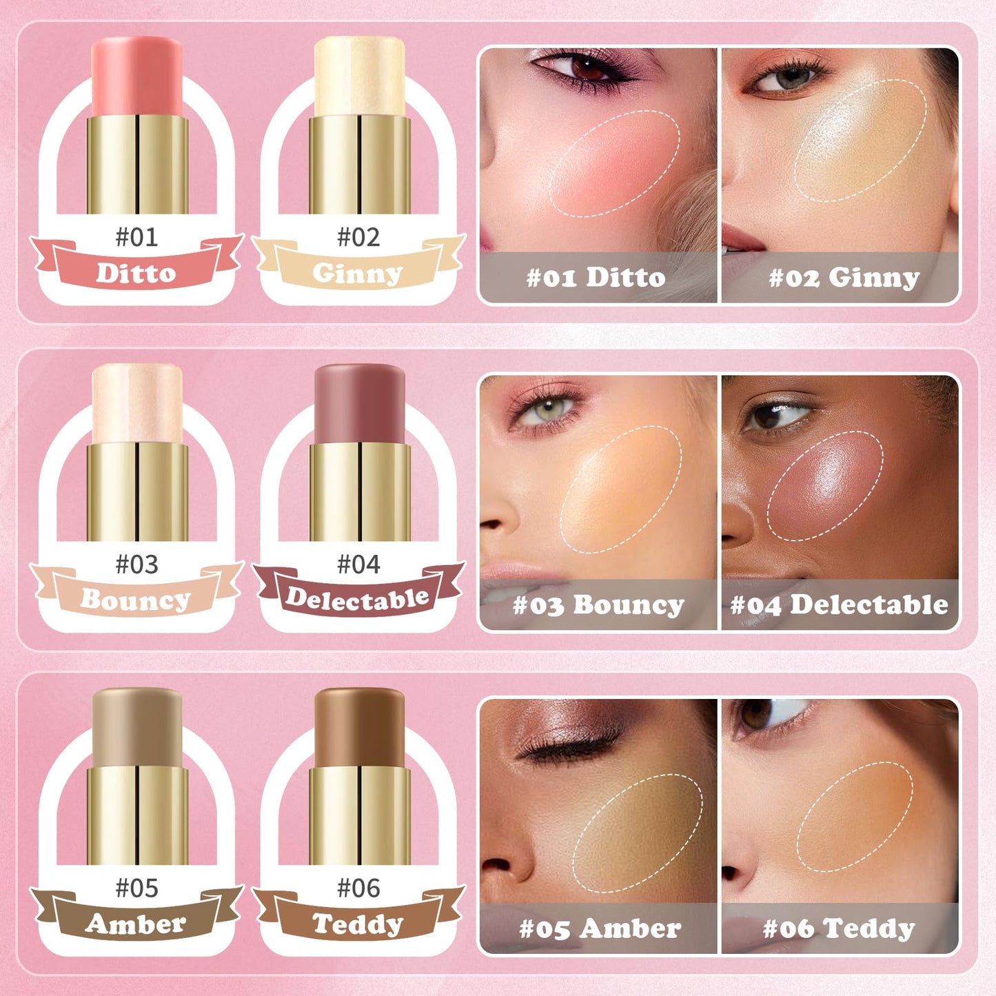 6 Pcs Cream Contour Stick Makeup Kit, Shades with Highlighter, Bronzer and Blush Sticks for Sculpt the Face All Skin Type, with Brush, Makeup Sponge, Buildable for Beginner Professional Set A