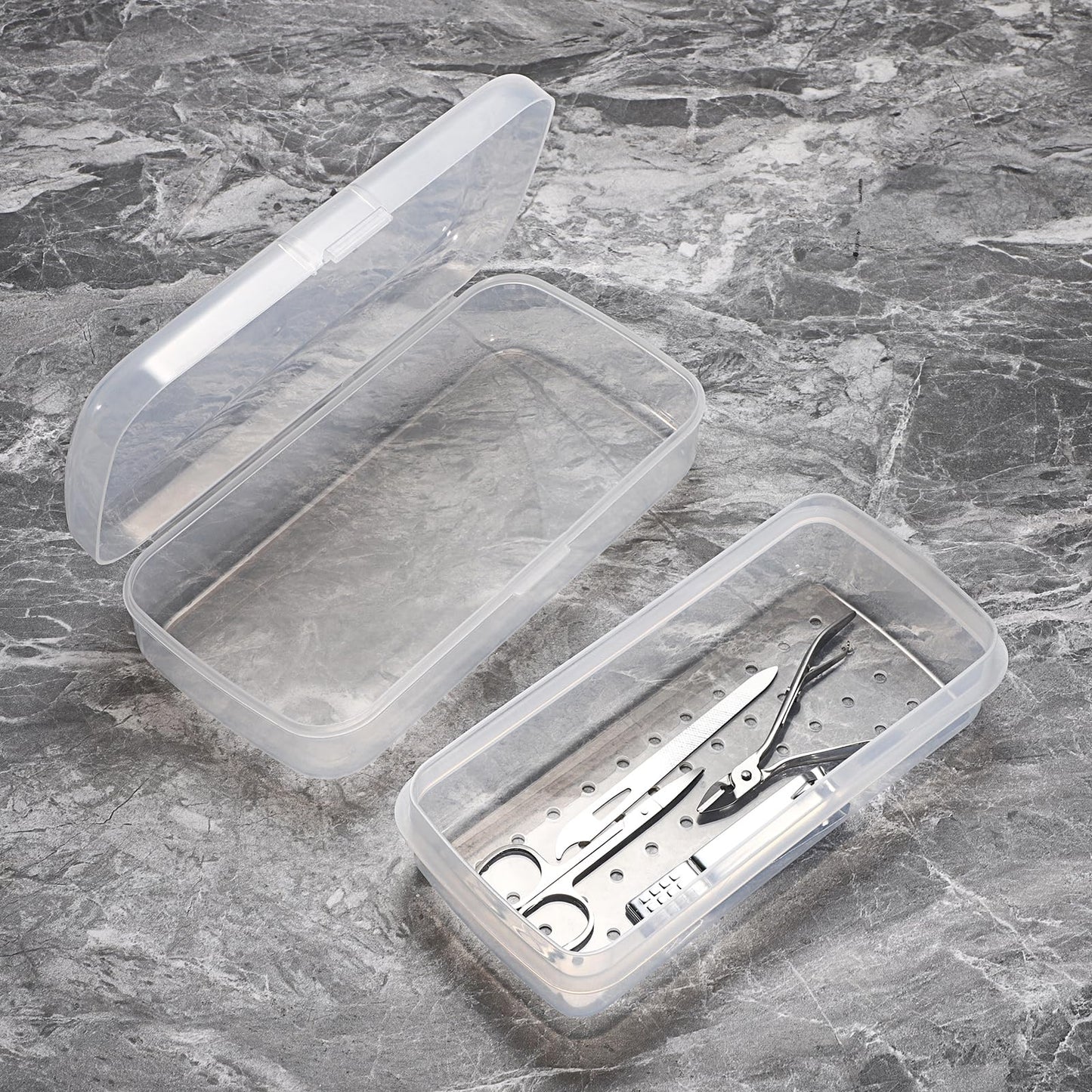 JUXYES 2 PCS Plastic Sterilizing Tray for Nail Art Accessories Tools, Portable Nail Art Tool Sterilizer Tray with Strainer, Fully Transparent Storage Box Organizer for Tweezer Manicure Tools