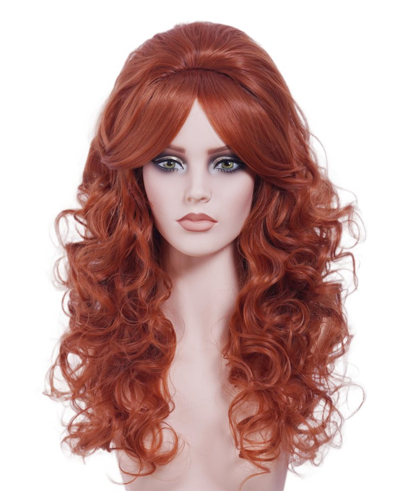NJJYXH 22 Inches Retro Beehive Ginger Wigs for Women Long Wavy Copper Red Wig with Bangs Synthetic Natural Auburn Wig for 60s 70s 80s Cosplay,Halloween,Daily Use
