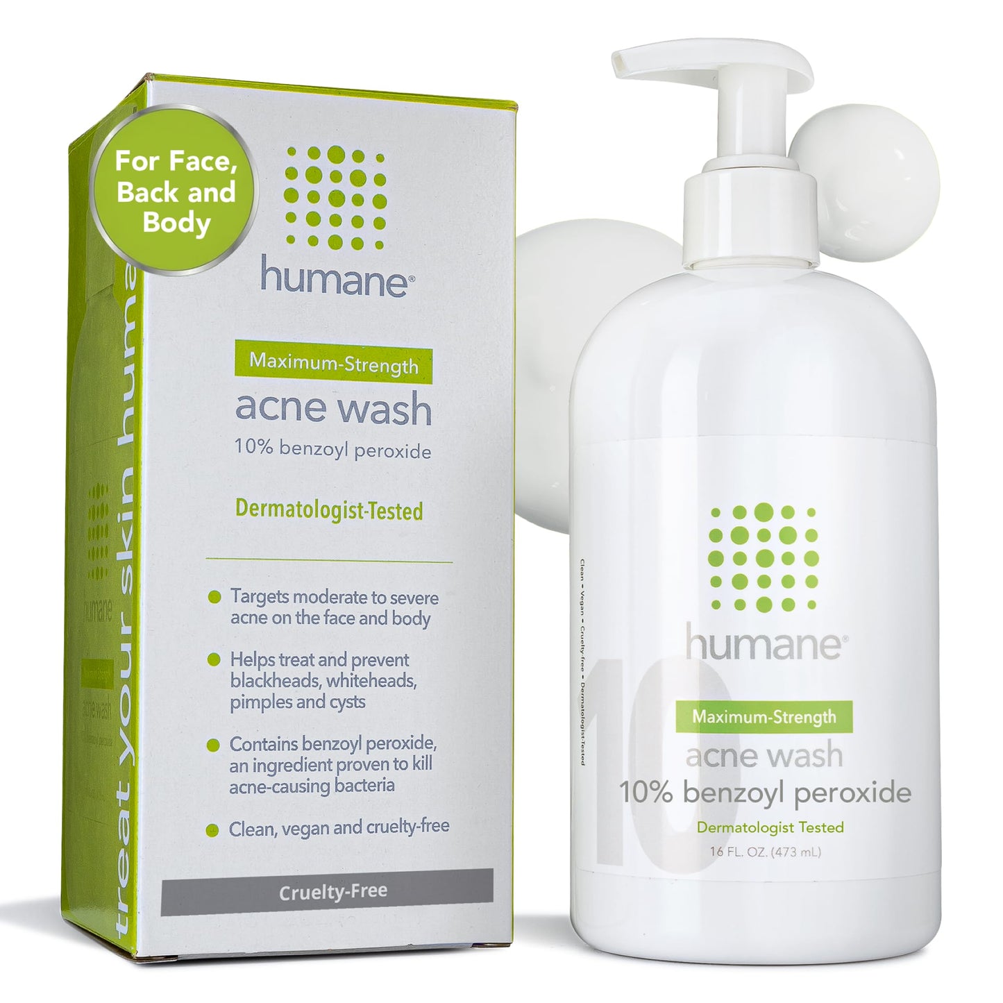 humane Benzoyl Peroxide Acne Body Wash - 10% Maximum-Strength Face, Skin, Butt, and Back Acne Treatment - 16 Fl Oz - Dermatologist-Tested Non-Foaming Acne Face Wash Cleanser - Vegan, Cruelty-Free