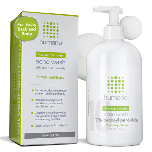 humane Benzoyl Peroxide Acne Body Wash - 10% Maximum-Strength Face, Skin, Butt, and Back Acne Treatment - 16 Fl Oz - Dermatologist-Tested Non-Foaming Acne Face Wash Cleanser - Vegan, Cruelty-Free