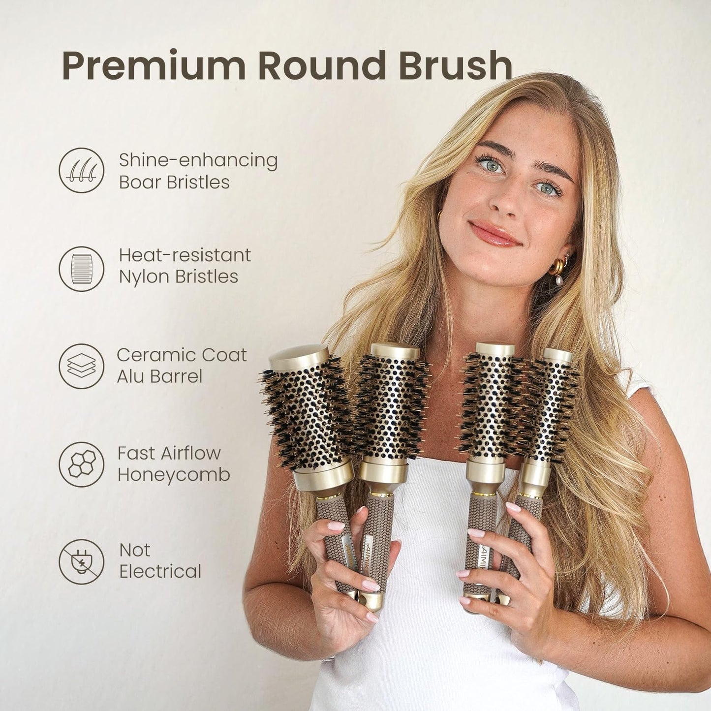 AIMIKE Round Hair Brush, 1 inch Barrel with Boar Bristles, Nano Thermal Ceramic & Ionic Tech, for Blow Drying, Styling, Curling and Shine + 4 Clips (Gold, Unisex, Fine Hair, Short Hair, Anti-Frizz)