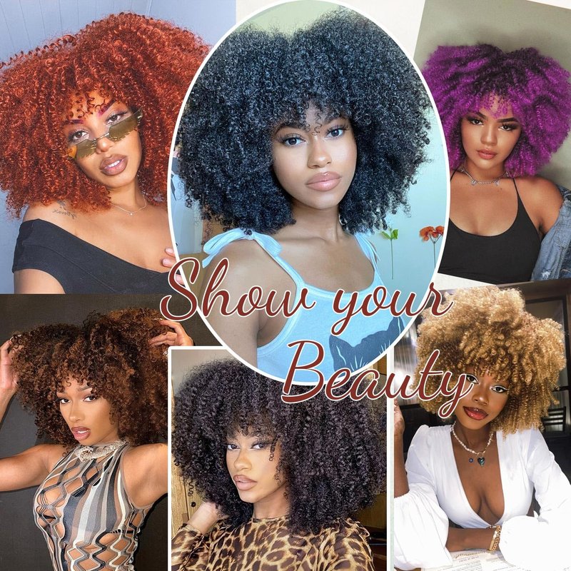onyxrose Curly Afro Wig with Bangs Kinky Curly Wigs for Black Women Synthetic Wig with Bangs for Black Women for Daily Party（Ombre Purple）