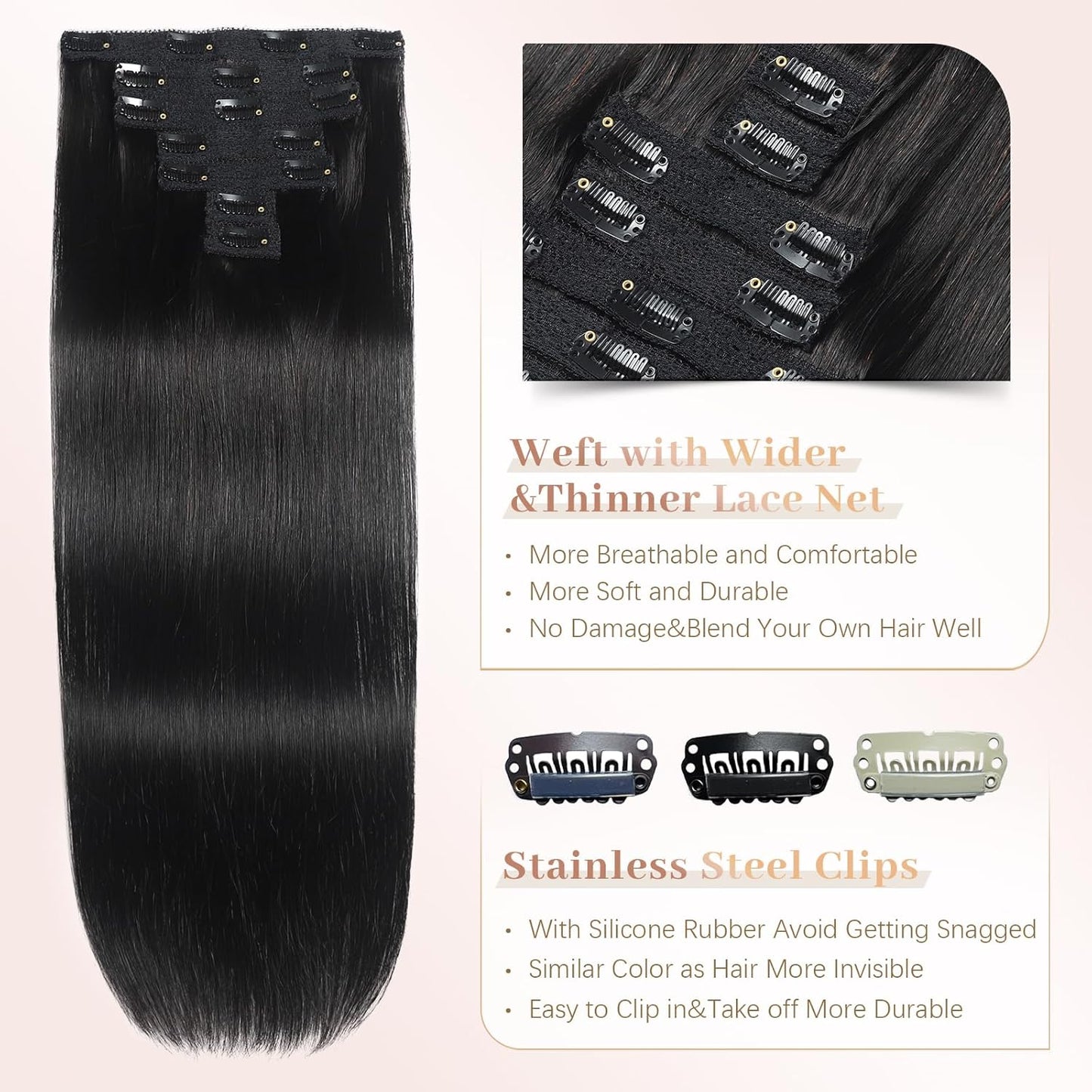Real Human Hair Clip-In Extensions - 18 Inch, 70g Natural Straight for Black Women | 7 Pieces with 16 Clips