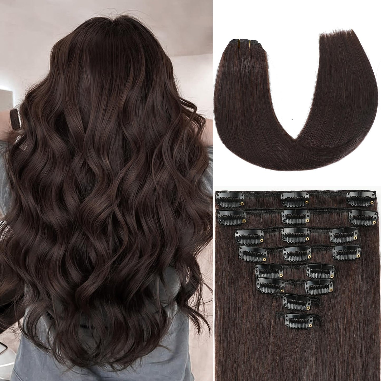 ZNXDJXE Dark Brown Clip in Hair Extensions Real Human Hair Invisible Seamless Remy Human Hair Clip in Extensions for Women 16 Inch, 8pcs Per Set with Double Weft