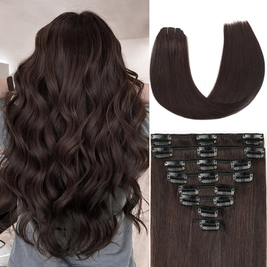 Dark Brown Clip in Hair Extensions Real Human Hair Invisible Seamless Remy Human Hair Clip in Extensions for Women 20Inch105g, 8pcs Per Set with Double Weft