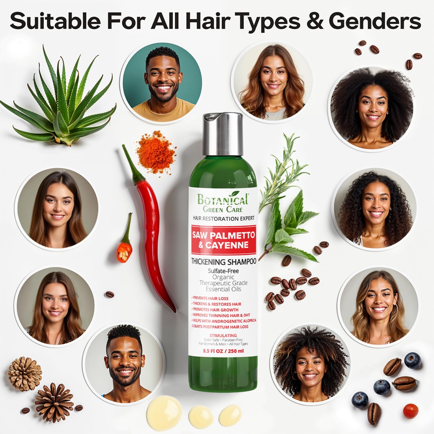 Saw Palmetto & Cayenne Shampoo, Thickening shampoo for thinning hair, sulfate free. Made in USA