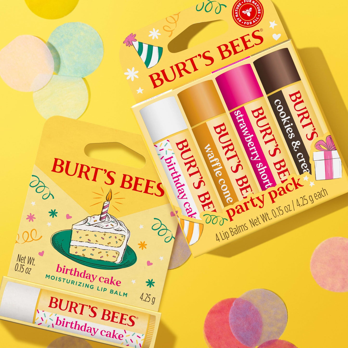 Burt's Bees Lip Balm Party Pack, Birthday Cake, Waffle Cone, Strawberry Shortcake, and Cookies & Cream, All Day Moisturizer, Tint-Free, Natural Origin Conditioning Lip Treatment, 0.15 oz., Four Tubes