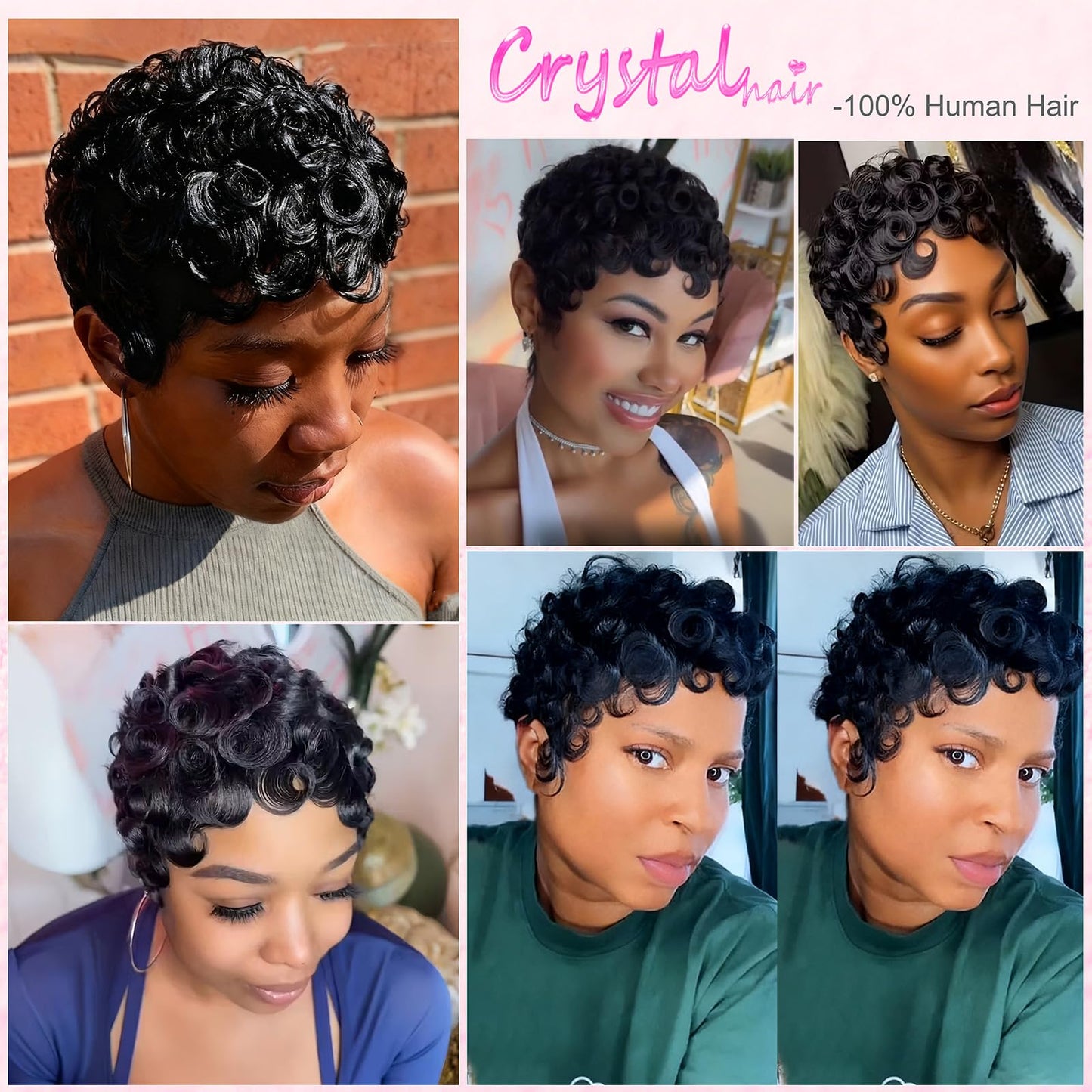 CRYSTALHAIR Short Curly Pixie Cut Wigs for Black Women, Loose Wave Short Curly Pixie Cut Wig Brazilian Virgin 100% Human Hair Wear and Go Glueless Layered Pixie Curly Wigs With Bangs for Daily Use