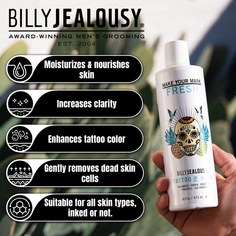 Billy Jealousy Make Your Mark Fresh Tattoo Wash, Cleansing and Hydrating Tattoo Aftercare Enriched With Cucumber and Rosemary, 16 Fl Oz