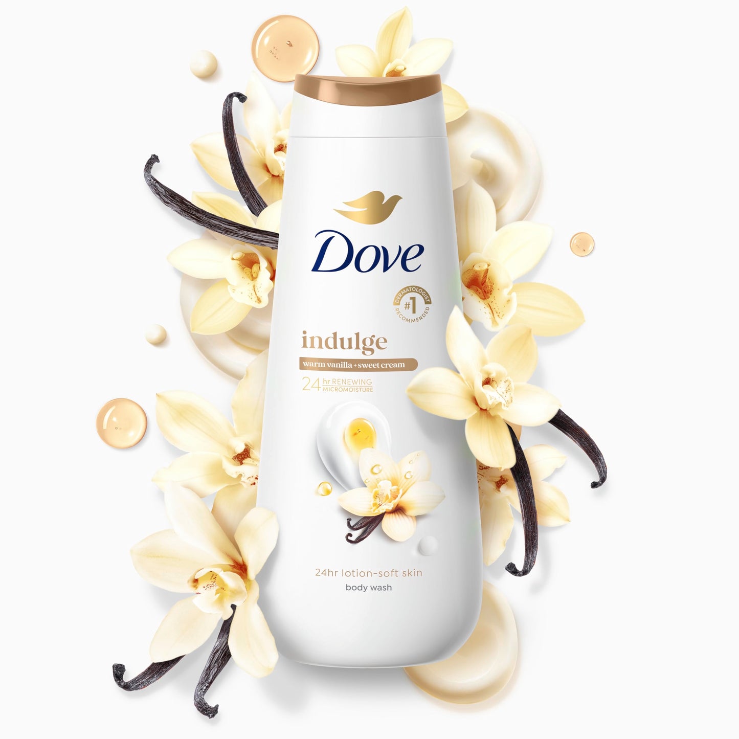 Dove 24hr Lotion Body Wash Indulge Warm Vanilla & Sweet Cream, 20 oz | Moisturizing body wash with MicroMoisture for silky-soft skin