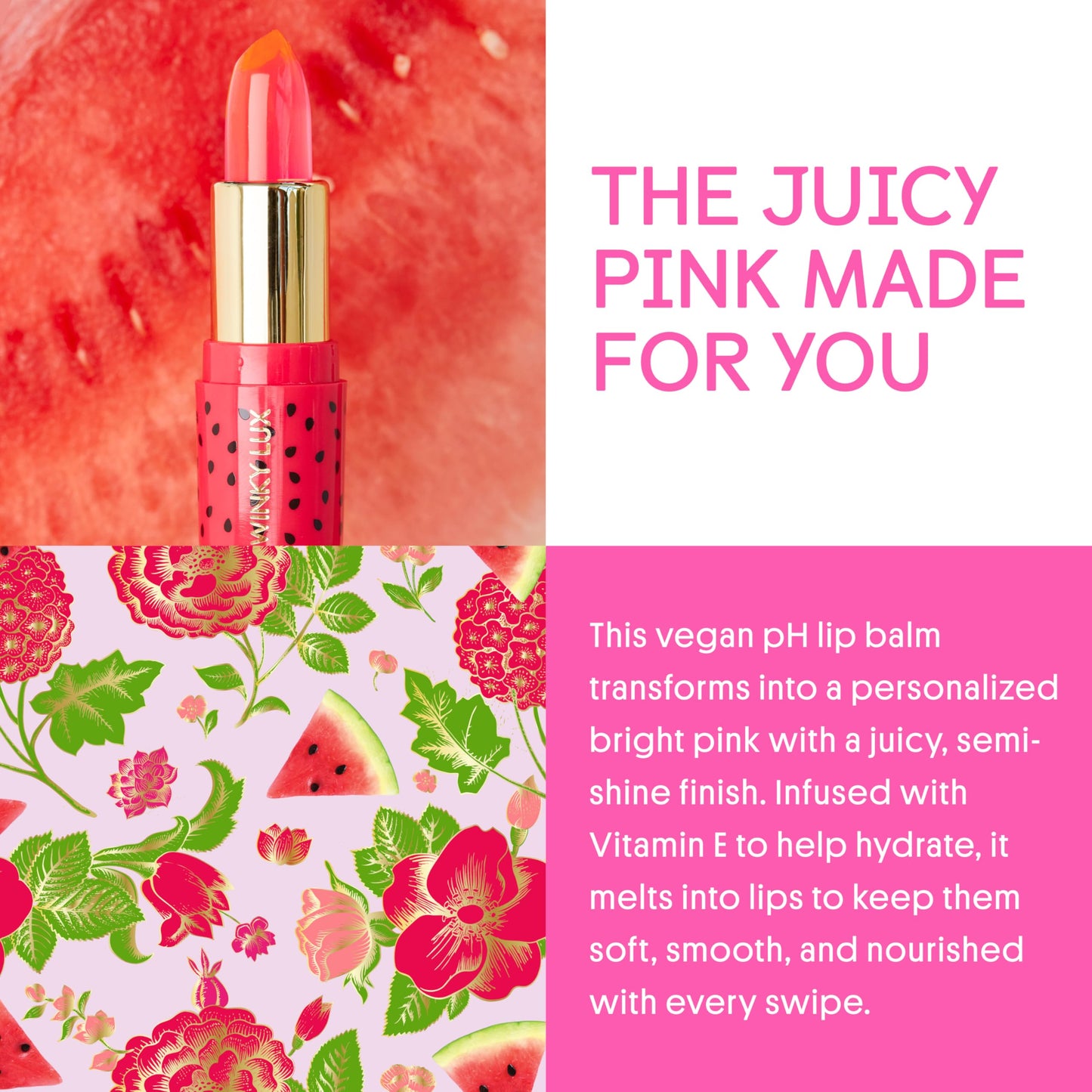 Winky Lux Watermelon Jelly pH Lip Balm - Hydrating Lip Balm, Natural Pink Tint with pH Color Changing, Moisturize & Soften Lips While Leaving Sheer Pink Tint, With Watermelon Candy Scent